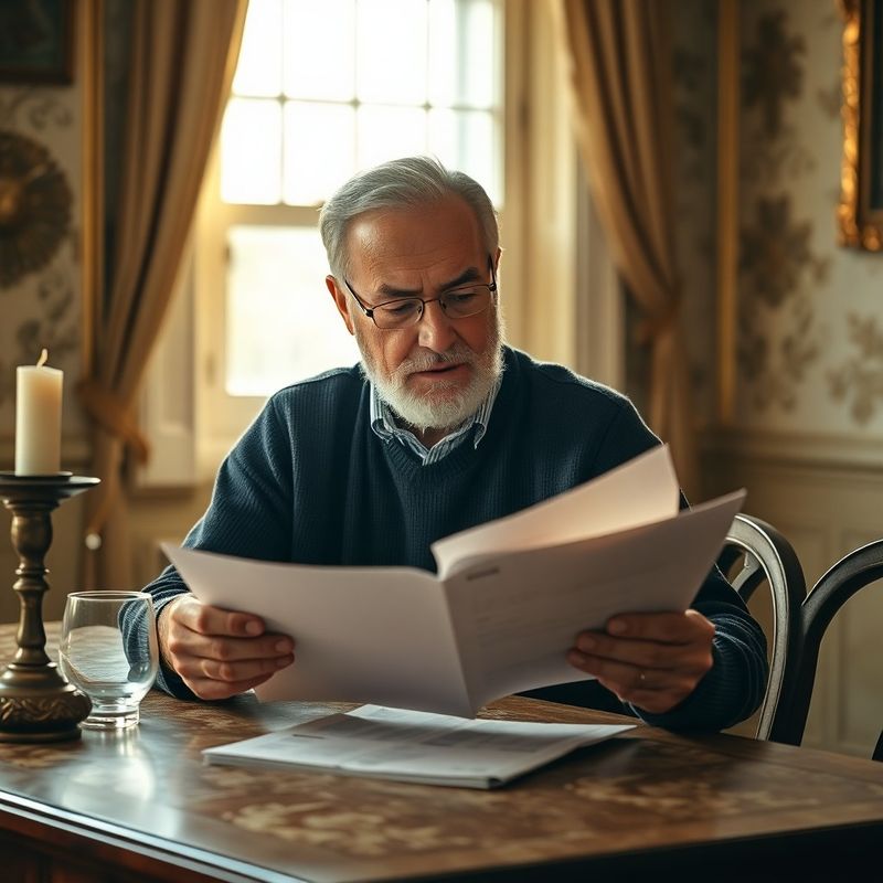 Klient v důchodovém věku čte finanční přehled u prosluněného stolu